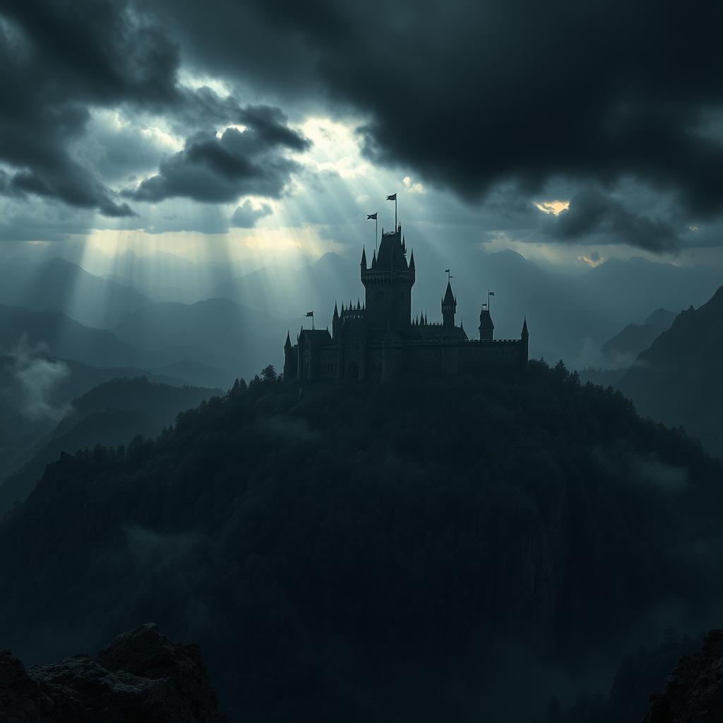 A dark kingdom viewed from the top of a mountain, with ominous clouds swirling above the sprawling castle