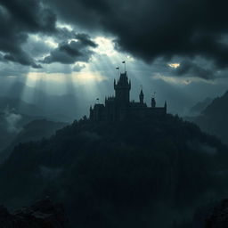 A dark kingdom viewed from the top of a mountain, with ominous clouds swirling above the sprawling castle