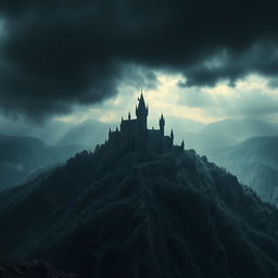 A dark kingdom viewed from the top of a mountain, with ominous clouds swirling above the sprawling castle