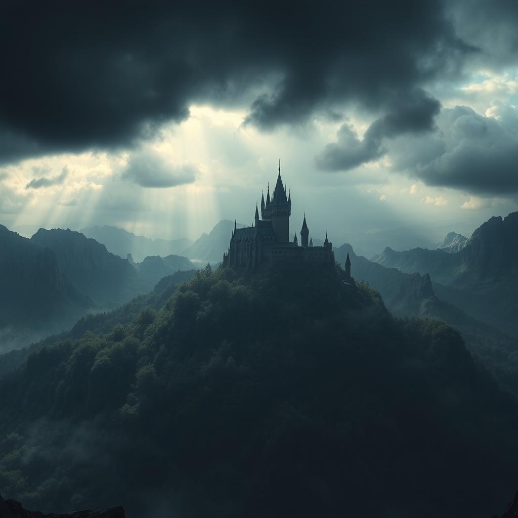 A dark kingdom viewed from the top of a mountain, with ominous clouds swirling above the sprawling castle