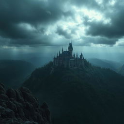 A dark kingdom viewed from the top of a mountain, with ominous clouds swirling above the sprawling castle