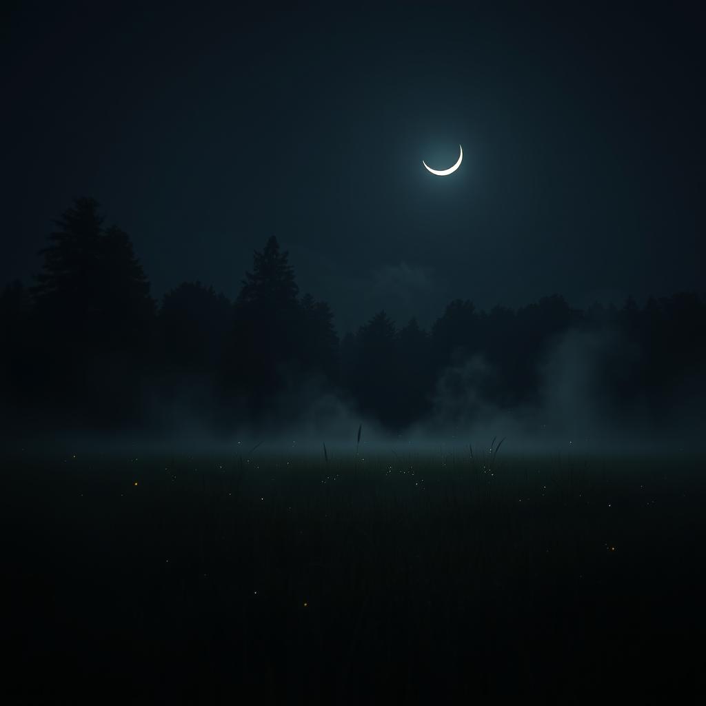 A dark meadow illuminated by the soft glow of a crescent moon in the night sky, with wisps of fog gently rolling over the grass