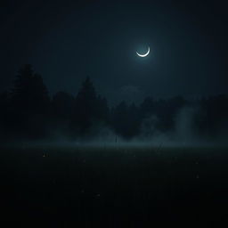 A dark meadow illuminated by the soft glow of a crescent moon in the night sky, with wisps of fog gently rolling over the grass