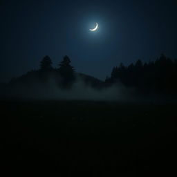 A dark meadow illuminated by the soft glow of a crescent moon in the night sky, with wisps of fog gently rolling over the grass