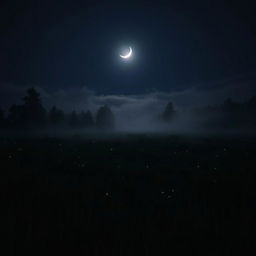 A dark meadow illuminated by the soft glow of a crescent moon in the night sky, with wisps of fog gently rolling over the grass