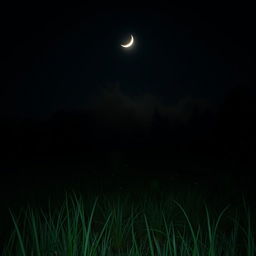 A dark meadow illuminated by the soft glow of a crescent moon in the night sky, with wisps of fog gently rolling over the grass