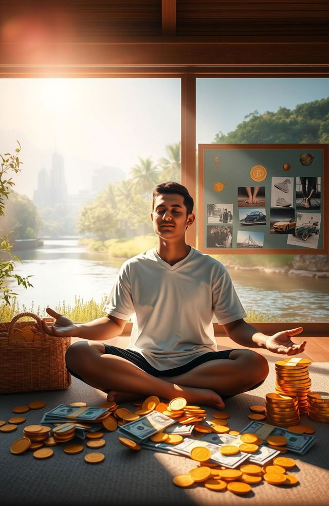 A serene scene depicting a person practicing the law of attraction to attract wealth