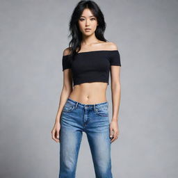 Create an image of a person with a slightly muscular build and a small waist. They have black, messy hair, distinctive Asian eyes, and are dressed in an off-shoulder top and low-rise bell bottoms.