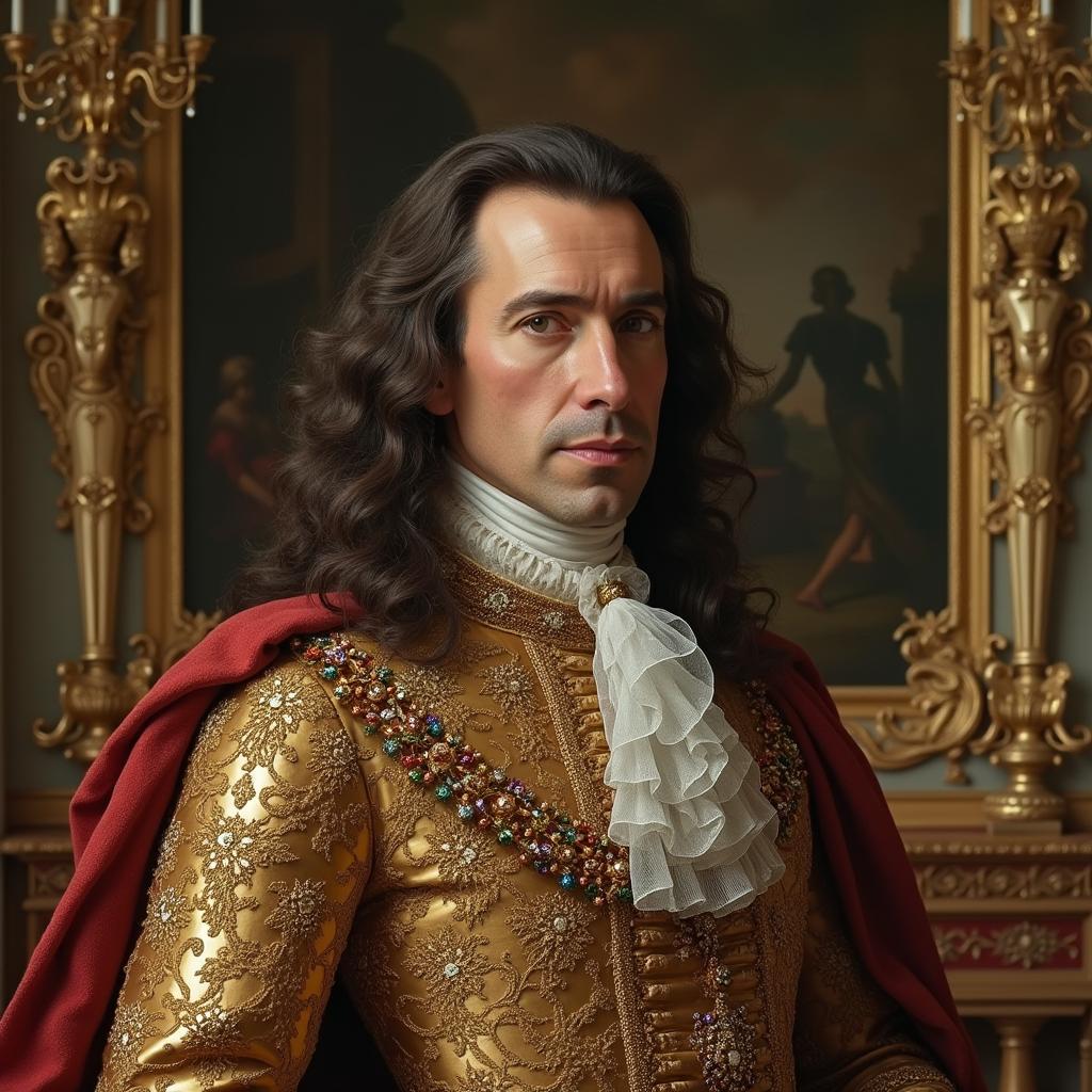 A regal portrait of King Louis XIV set against the opulent background of Versailles, France