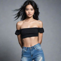 Create an image of a person with a slightly muscular build and a small waist. They have black, messy hair, distinctive Asian eyes, and are dressed in an off-shoulder top and low-rise bell bottoms.