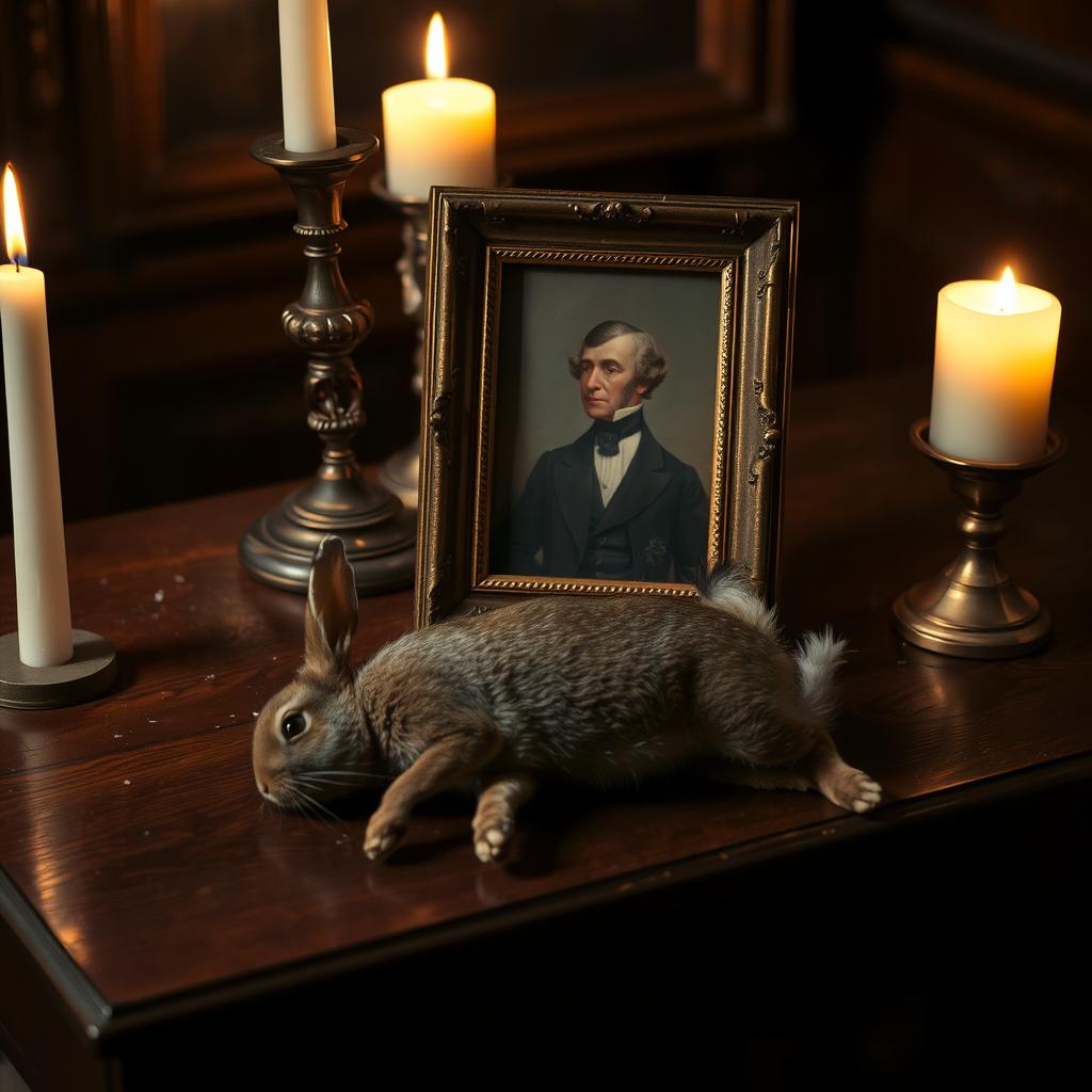 A wooden table with a small antique portrait in a golden frame, depicting a distinguished figure in Victorian attire