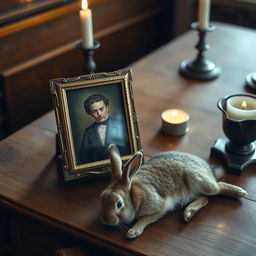 A wooden table with a small antique portrait in a golden frame, depicting a distinguished figure in Victorian attire