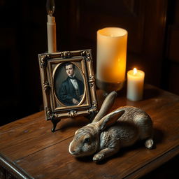 A wooden table with a small antique portrait in a golden frame, depicting a distinguished figure in Victorian attire