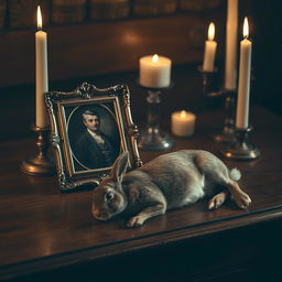 A wooden table with a small antique portrait in a golden frame, depicting a distinguished figure in Victorian attire