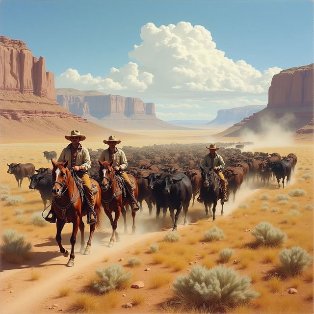 A vivid painting of a cattle drive in the American West during the 1880s, featuring cowboys expertly herding a large group of cattle across a vast, open landscape