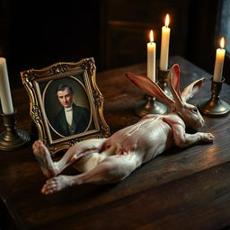 A wooden table with a small antique portrait in a golden frame, depicting a distinguished figure in Victorian attire