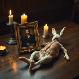 A wooden table with a small antique portrait in a golden frame, depicting a distinguished figure in Victorian attire