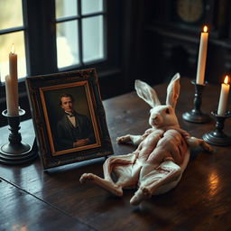 A wooden table with a small antique portrait in a golden frame, depicting a distinguished figure in Victorian attire