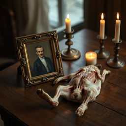 A wooden table with a small antique portrait in a golden frame, depicting a distinguished figure in Victorian attire