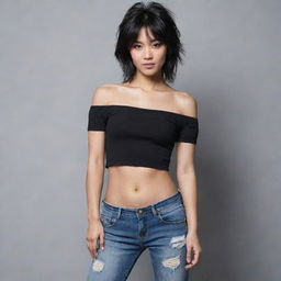 Create an image of a person with a slightly muscular build and a small waist. They have black, messy hair, distinctive Asian eyes, and are dressed in an off-shoulder top and low-rise bell bottoms.