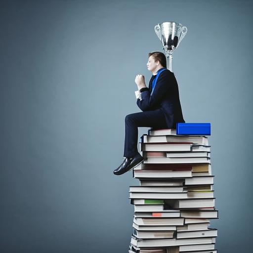 A diligent student on top of a tower of books, with a sparkling trophy symbolizing success in studies.