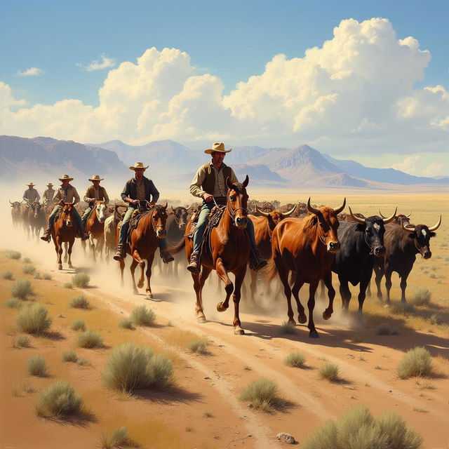 Dynamic painting of a cattle drive in the 1880s American West, featuring rugged cowboys expertly guiding a large herd of cattle across the vast, open plains