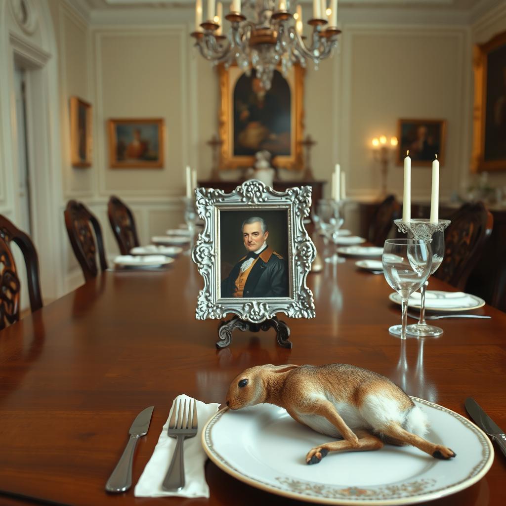 An elegant dining room featuring a beautifully set wooden table