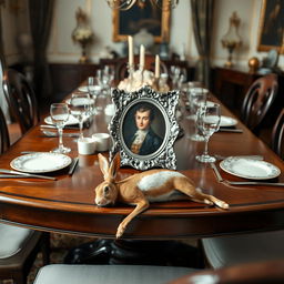 An elegant dining room featuring a beautifully set wooden table