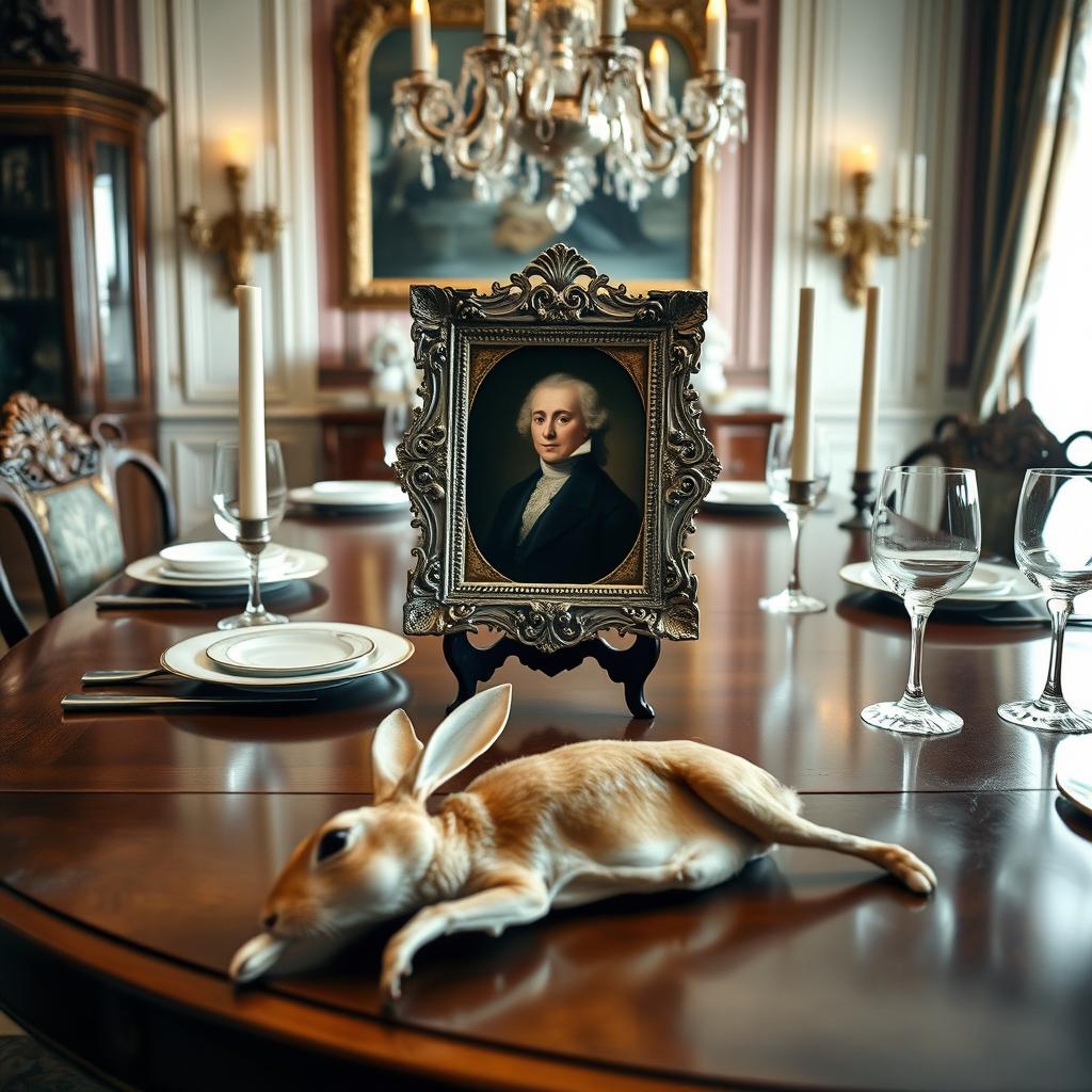 An elegant dining room featuring a beautifully set wooden table