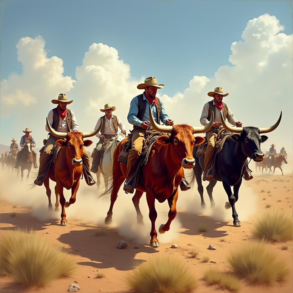 Painting capturing a vibrant cattle drive scene featuring Texas Longhorn cattle and cowboys in the 1880s American West