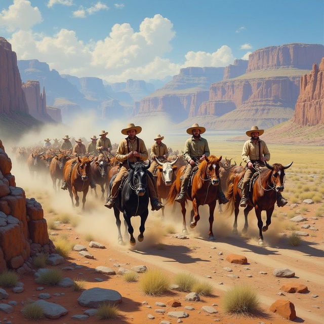 A vivid painting of a cattle drive from the 1880s set in the vast, rugged landscape of the American West