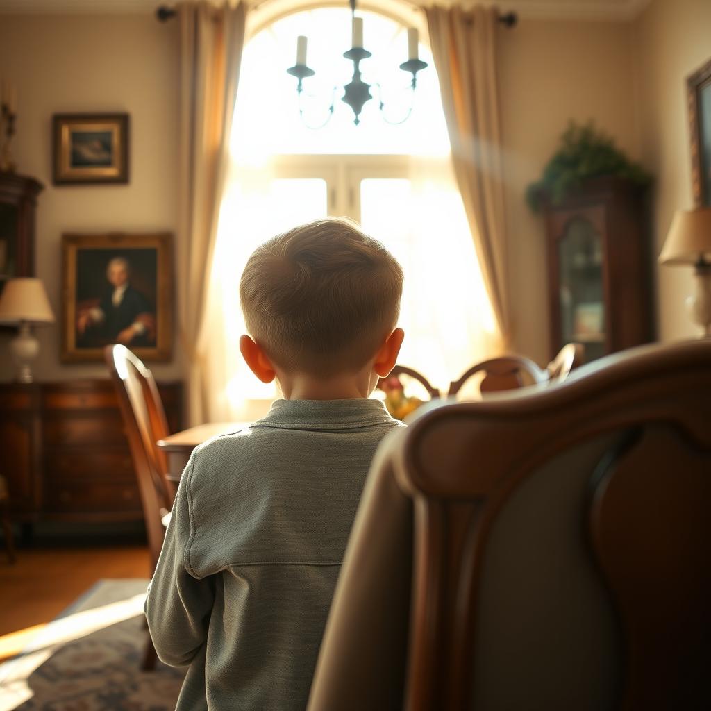 A young boy, viewed from behind, is seated in the dining room of a cozy house, attentively looking at a portrait