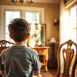 A young boy, viewed from behind, is seated in the dining room of a cozy house, attentively looking at a portrait