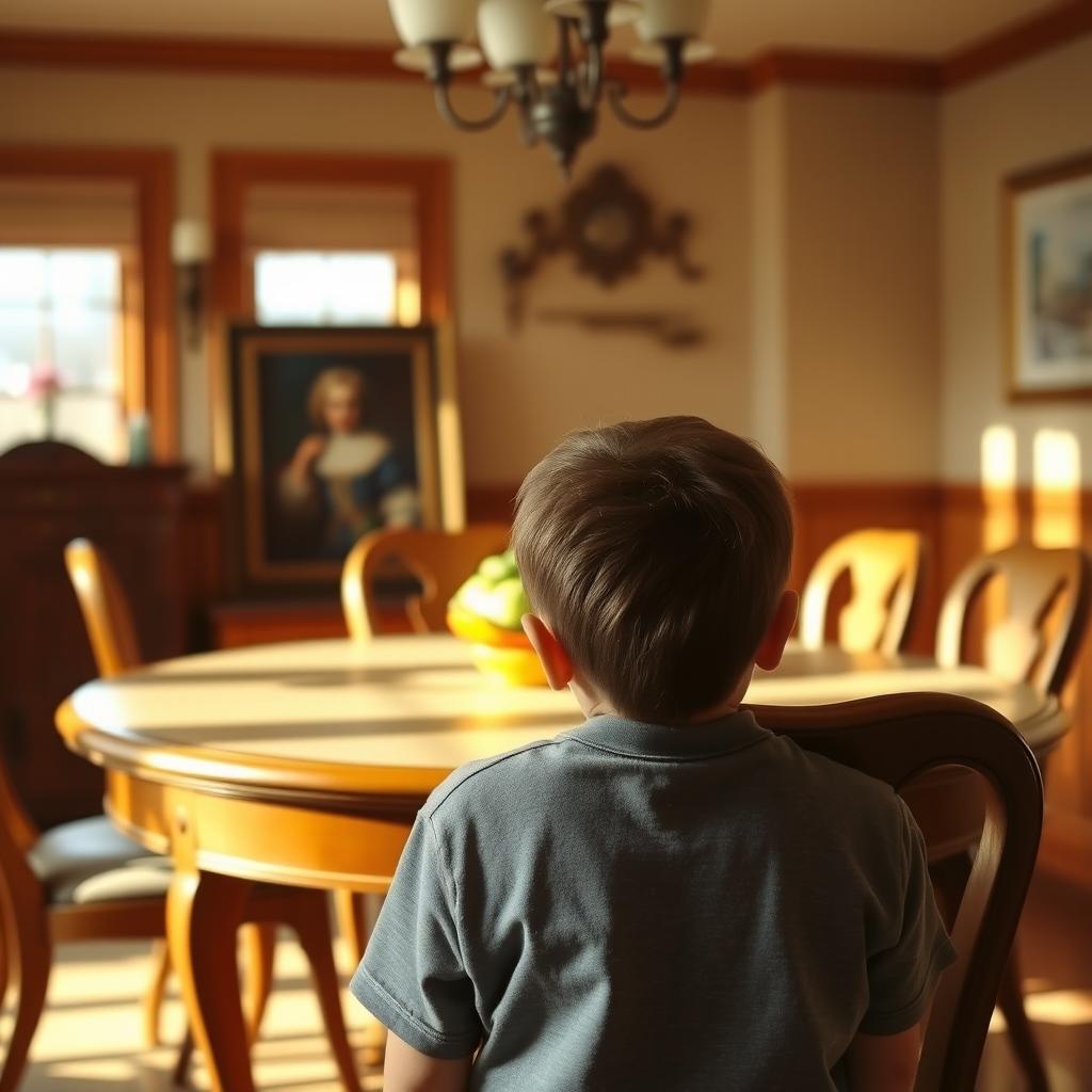 A young boy, viewed from behind, is seated in the dining room of a cozy house, attentively looking at a portrait