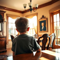 A young boy, viewed from behind, is seated in the dining room of a cozy house, attentively looking at a portrait