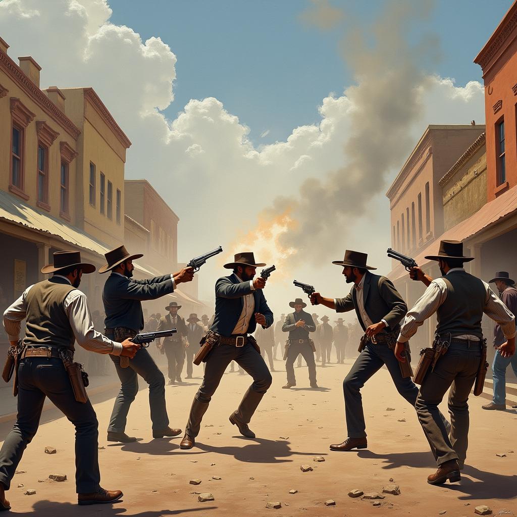 A dramatic painting capturing the intense gunfight known as "four dead in five seconds" in El Paso, Texas