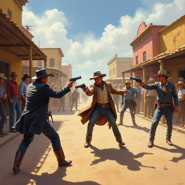 A dynamic painting capturing the intense moment of a gunfight in El Paso, Texas