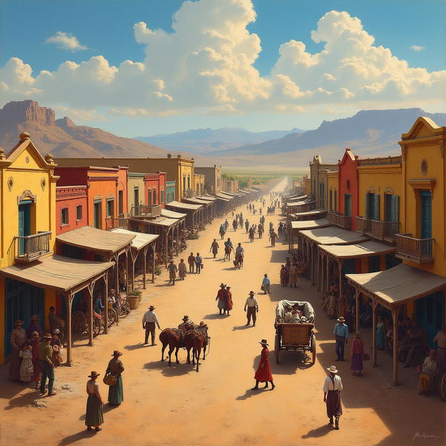 A vibrant and detailed painting capturing El Paso, Texas in the year 1880