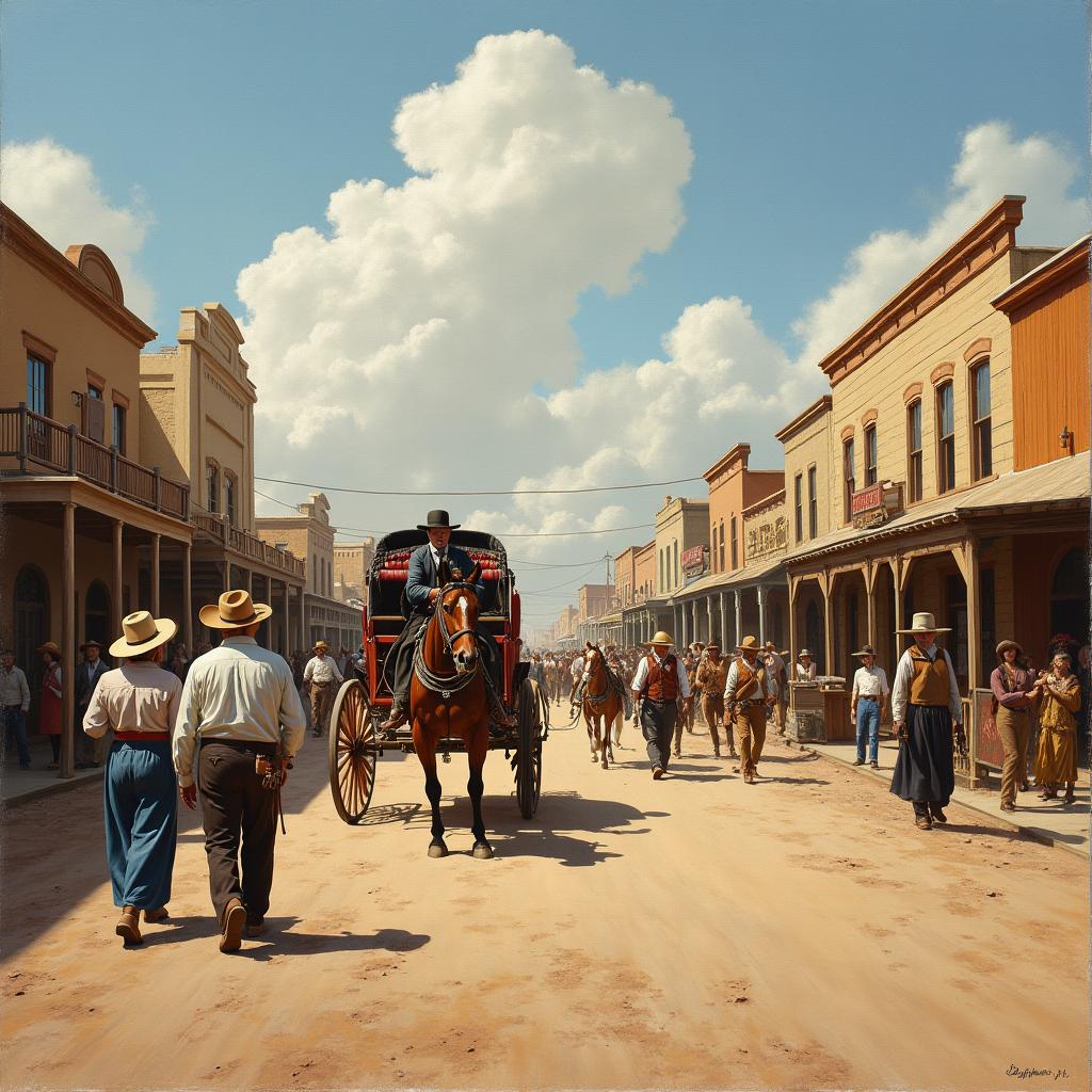 A historical painting of El Paso, Texas, in the year 1880, featuring a bustling street scene with a classic stagecoach prominently displayed