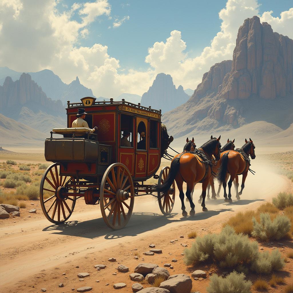 A detailed painting of a stagecoach journeying through the American West in 1880