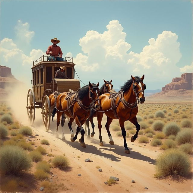 A captivating painting of a stagecoach journeying through the American West in 1880