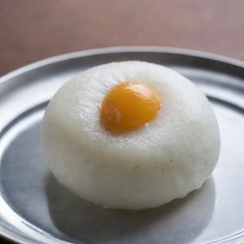 A glossy rasogulla, an Indian sweet treat, fully submerged in a crystal clear sugar syrup, showing the spongy texture of the sweet