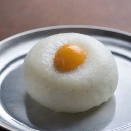 A glossy rasogulla, an Indian sweet treat, fully submerged in a crystal clear sugar syrup, showing the spongy texture of the sweet