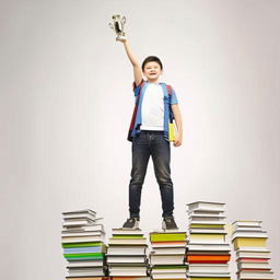 A diligent student standing atop a large stack of books, holding a gleaming trophy signifying academic excellence.