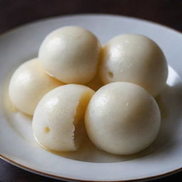 A glossy rasogulla, an Indian sweet treat, fully submerged in a crystal clear sugar syrup, showing the spongy texture of the sweet