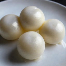 A glossy rasogulla, an Indian sweet treat, fully submerged in a crystal clear sugar syrup, showing the spongy texture of the sweet