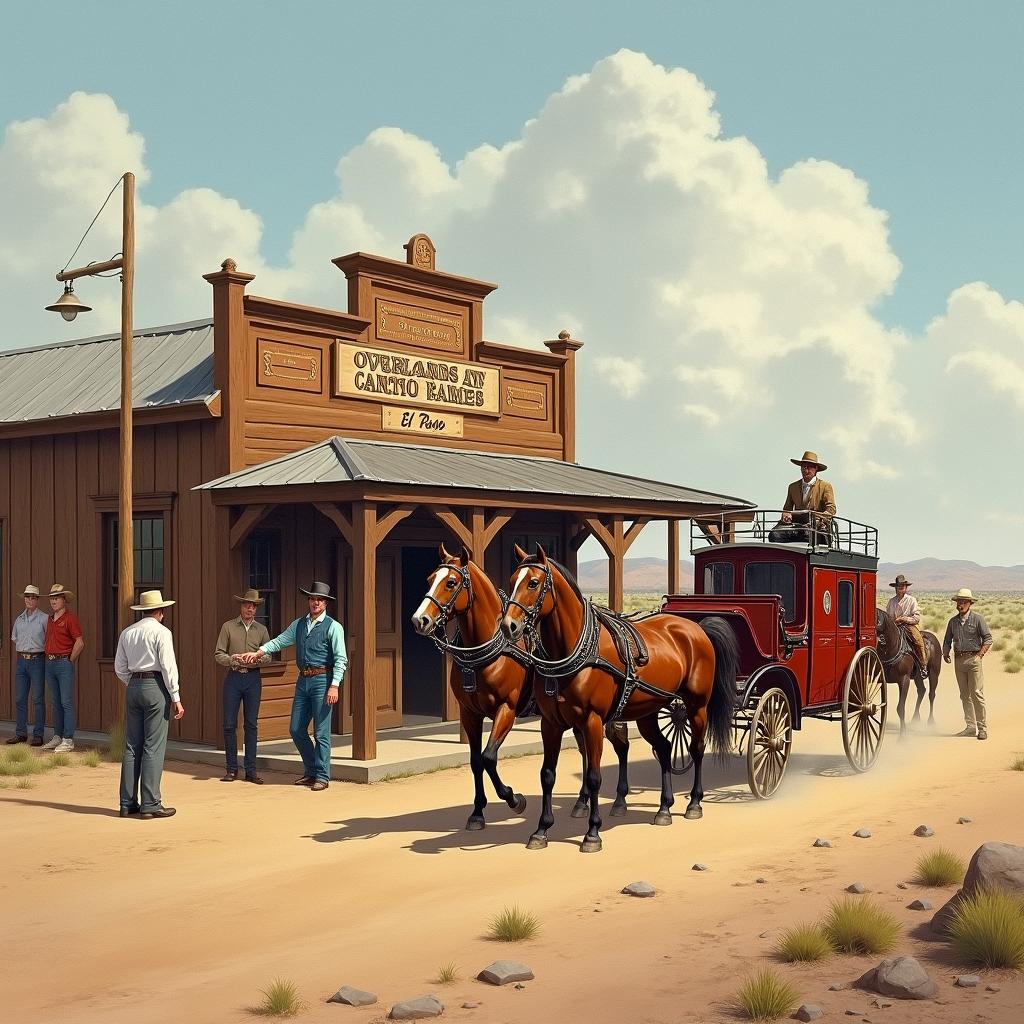 A detailed painting of the Overland stage coach paused in front of the Overland stage coach station in El Paso, Texas, circa 1880