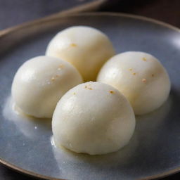 A glossy rasogulla, an Indian sweet treat, fully submerged in a crystal clear sugar syrup, showing the spongy texture of the sweet