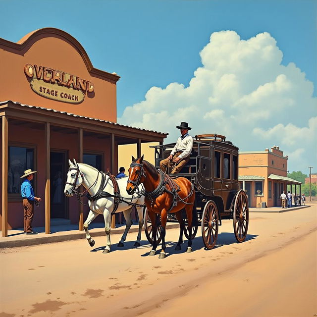 A vibrant painting depicting the Overland stagecoach stopped in front of the Overland stagecoach station in El Paso, Texas, circa 1880