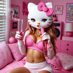 Hello Kitty transformed into a grown sexy woman with a stunningly beautiful face, voluminous lips enhanced with lip injections, and piercing sensual eyes